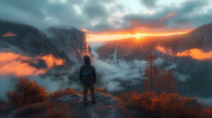 Obraz premium Paisaje otoñal con cascadas y anochecer un hombre observa la inmensidad