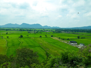 Obraz premium Beautiful aerial landscape on a green background. Mountains. Beautiful natural landscape. Nature background. Aerial view. Top view.
