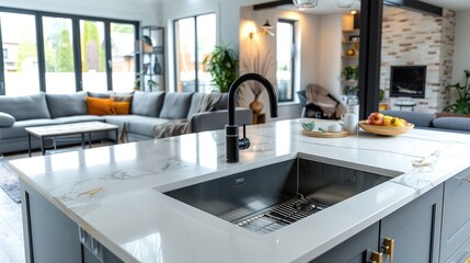 A stainless steel kitchen sink with a black draining rack under a satin grey faucet, a white marble countertop, and a cozy living room. Generative AI.