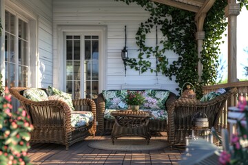 Fototapeta premium A cozy porch with wicker furniture and flowers, great for relaxation or outdoor living