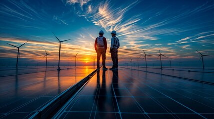 Fototapeta premium The image shows a worker standing on a solar panel farm at sunset, silhouetted against the setting sun.