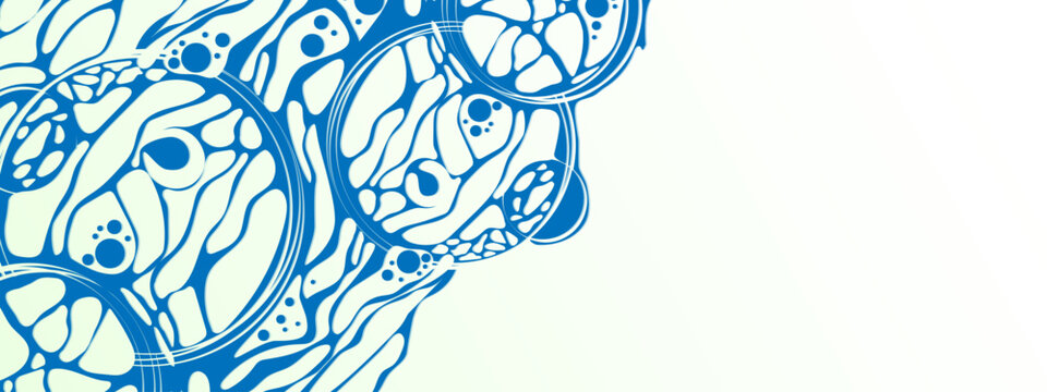 Vector blue background frame. Design  plex of chaotic circles, spheres, lines. Neurotrophic texture of  network. Cosmic pattern. Poster presentations, business, science, computer screensaver. 