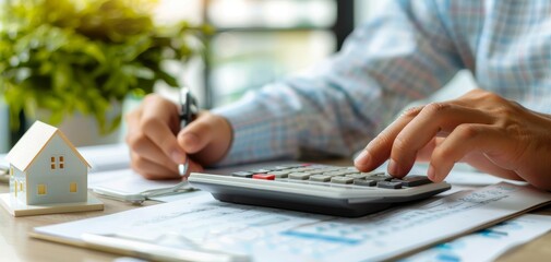 Professional real estate agent calculating interest rates and managing numbers for residential properties, representing real estate concept