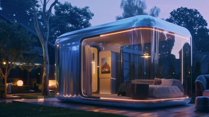 Modern Futuristic Tiny House with Glass Walls and Ambient Lighting