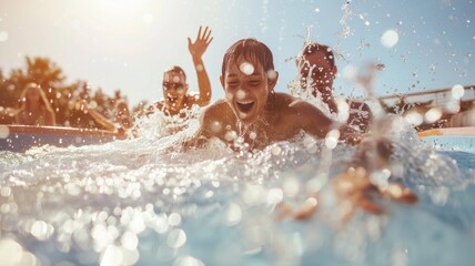 Adults splashing down a water slide, water droplets and expressions of joy frozen