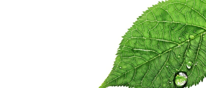 Green leaf with water droplets on a blank background, providing clear copyspace