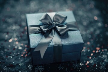 A blue gift box wrapped with a black bow, perfect for various occasions and events