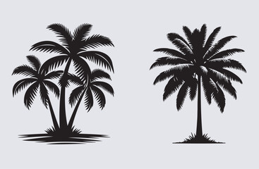  Coconut tree silhouette vector art illustration,Black palm trees set isolated on white background. Palm silhouettes. Design of palm trees for posters, banners and promotional items. Vector illustrati