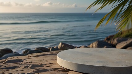 Obraz premium Seascape podium, palm leaf: product unveiling absent yet serene