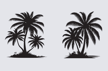  Coconut tree silhouette vector art illustration,Black palm trees set isolated on white background. Palm silhouettes. Design of palm trees for posters, banners and promotional items. Vector illustrati