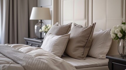 Close up of rustic bedside table lamp near bed with wood headboard. Interior design of modern bedroom.