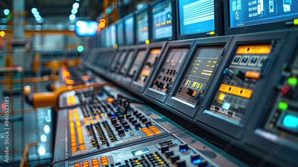 Fototapete close-up view of a recycling facility control room, monitoring the recycling process through screens