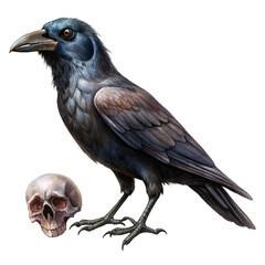Fototapeta premium Black crow with skull realistic isolated illustration.