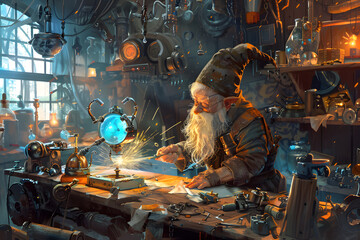 A detailed illustration of a gnome artificer creating a magical device, with sparks and intricate gears, set in a cluttered workshop 