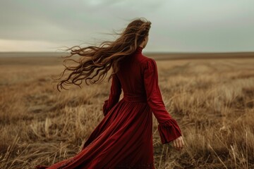 A woman walks through a green field wearing a bright red dress