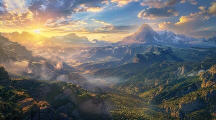 A scenic view of a mountain range with a beautiful sunset in the background, suitable for use as a travel or outdoor-themed image