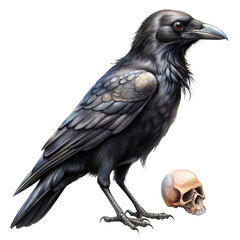 Fototapeta premium Black crow with skull realistic isolated illustration.
