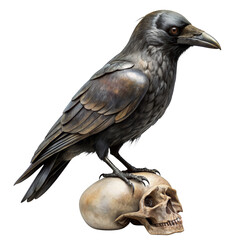 Black crow with skull realistic isolated illustration.