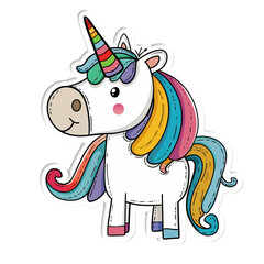 Fototapeta premium Cute cartoon unicorn with a rainbow mane and horn. Perfect for children's illustrations, stickers, and fantasy-themed designs.