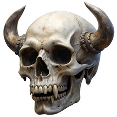 Human skull with horns isolated 3D render.