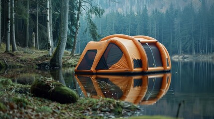 Inflatable Orange Floating Tent in a Serene Forest Lake