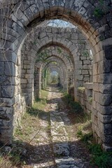 Obraz premium A stone archway with a path leading through it, suitable for use in outdoor or landscape scenes