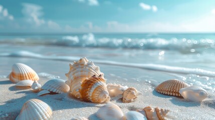 A beach background with a clear blue sky and calm sea, featuring soft white sand that has scattered seashells. Generative AI.