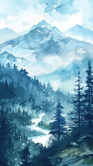 Fototapeta premium mountain landscape with forest, painting with watercolors, created with generative AI technology