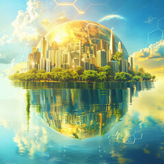 city skyline with globe