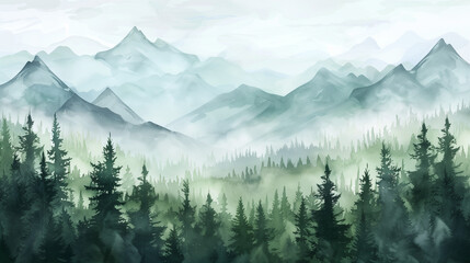 Fototapeta premium mountain landscape with forest, painting with watercolors, created with generative AI technology