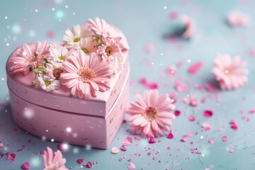 A pink heart shaped box filled with fresh flowers, suitable for romantic gestures or as a gift