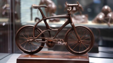 Obraz premium Detailed Chocolate Bicycle Sculpture on Display Stand in Art Exhibition