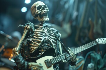 Fototapeta premium A skeletal figure plays a guitar in a dimly lit room