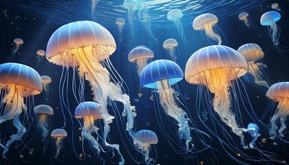a group of jellyfish floating on top body of water in front black background with blue lights.