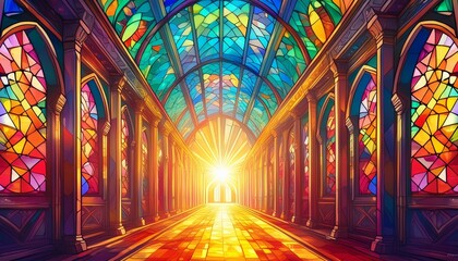 Fototapeta premium a painting of a hallway with stained glass windows and a bright light. generative ai