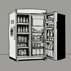 Refrigerator color full vector
illustration with food icons in a refrigerator related words in hand drawn style and on the grid background.  vector sketch design and illustration is hand-drawn.