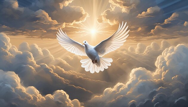 a white dove flying through a cloudy sky with the sun shining through it's clouds and the sun's rays coming through the clouds.