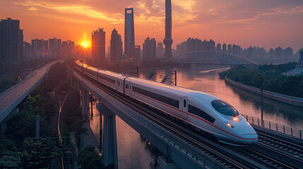High-speed train driving on the tracks at high speed. The scene shows a modern urban landscape with tall buildings with skyscrapers at sunset. Generative AI.