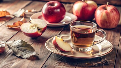 Fototapeta premium Freshly sliced apples with a cup of apple tea on a wooden table.