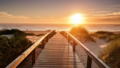 Naklejka premium Sunset at the beach, Walking towards the ocean, A serene boardwalk scene, The path to a beautiful sunset.