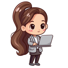 Cartoon businesswoman holding a laptop, standing confidently in a suit, ideal for business concepts and professional themes.