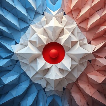 a red, white and blue abstract background with low polygonic shapes and a red center in the middle of the image.