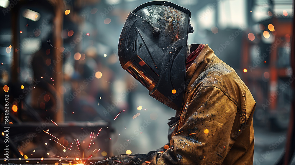 Poster a welder in work. worker welding a piece of metal while assembling a metal construction for project.