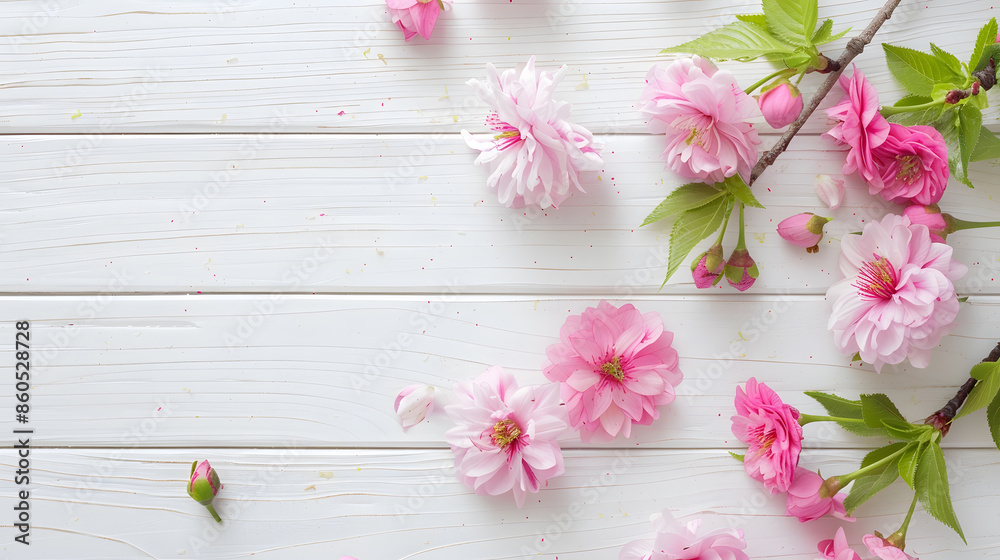 Poster spring flowers pink flowers on white wooden background flat lay top view copy space : generative ai