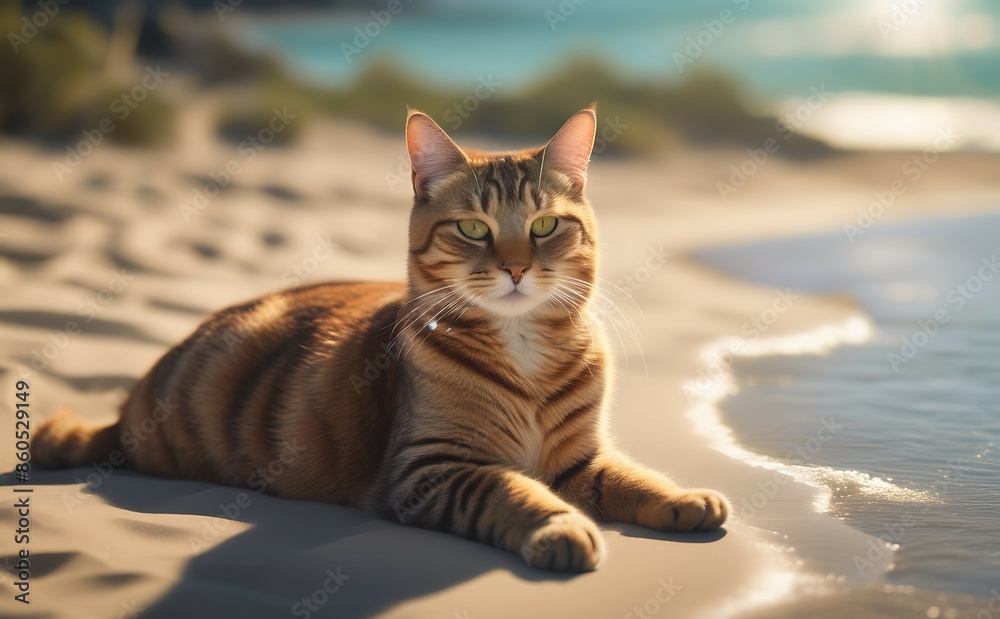 Wall mural cute ginger cat lying on the beach at sunset with copy space