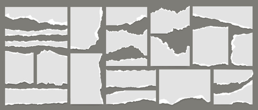 Realistic set of torn or ripped white paper sheet, note scrap or notebook page with texture edges. Torn sticky newspaper clip art with paint brush stroke border. Ripped social media business banner.