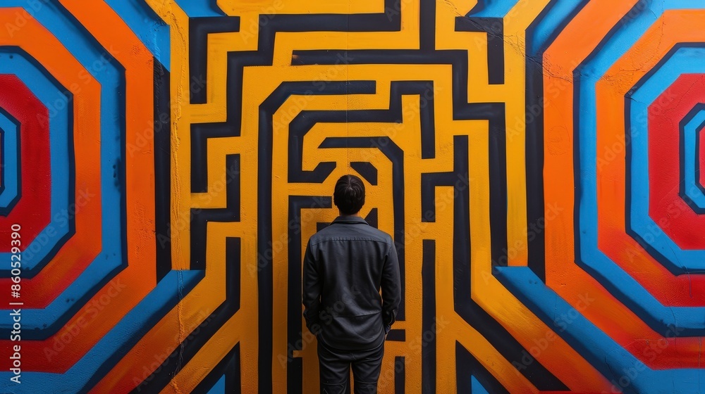 Wall mural a person stands before a colorful, abstract maze, contemplating the path forward. the image evokes t