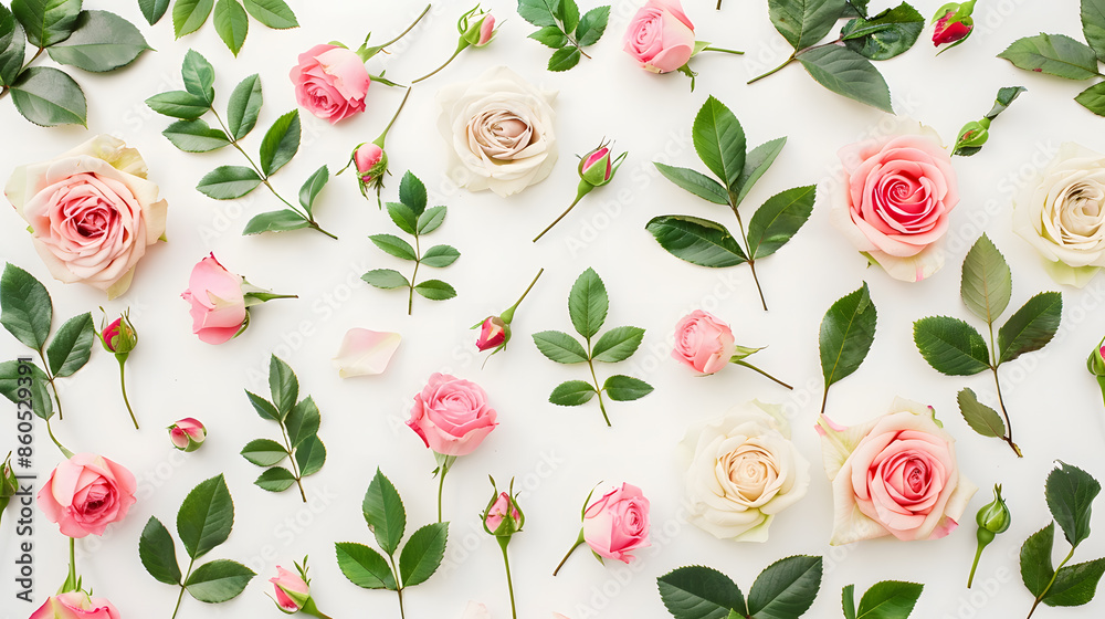 Poster floral pattern made of pink and beige roses green leaves branches on white background flat lay top v