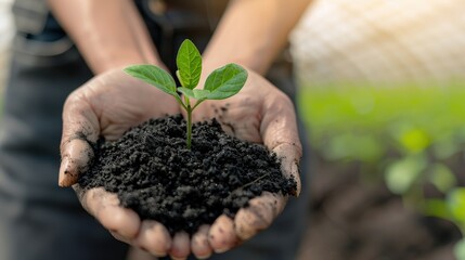 Close-up of hands holding a small green plant sprout with soil.  Represents growth, new beginnings, and environmental care.
