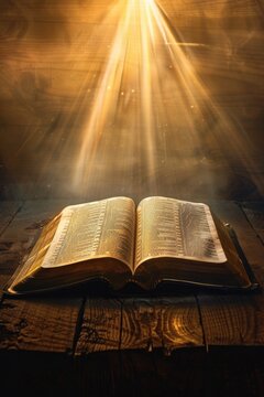 A close-up view of an open bible sitting on a wooden table, perfect for use in educational or inspirational contexts
